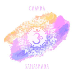 Vector illustration with symbol Sahasrara - Crown chakra and watercolor element on white background.