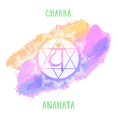 Vector illustration with symbol Anahata - Heart chakra and watercolor element on white background.