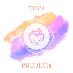 Vector illustration with symbol Muladhara - Root chakra and watercolor element on white background.