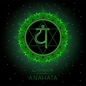 Vector illustration with symbol Anahata - Heart chakra on black background.