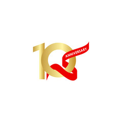 10 Year Anniversary Gold Red Ribbon Vector Template Design Illustration