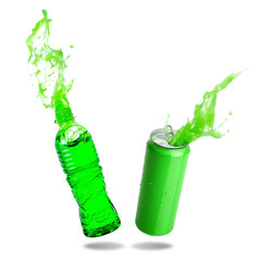 Green soda splashing out of bottle and green canned isolated on white background