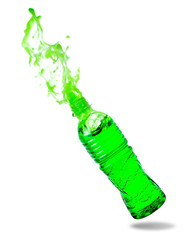 Green soda splashing out of bottle isolated on white background.