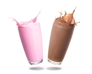 Poster Strawberry milk and chocolate milk splashing out of glass isolated on white background. © Theeradech Sanin