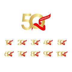 50 Year Anniversary Gold Red Ribbon Set Vector Template Design Illustration