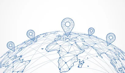 Papier Peint photo Carte du monde Connexion au réseau mondial. Concept de composition de point et de ligne de carte du monde du commerce mondial. Illustration vectorielle