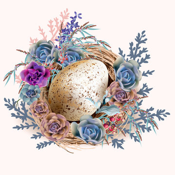 Easter vector vintage greeting card with nest and eggs