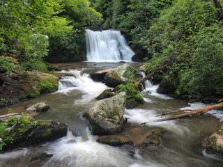 Yellow Creek Falls near Robbinsville, North Carolina, flowing strongly after heavy summer rains.