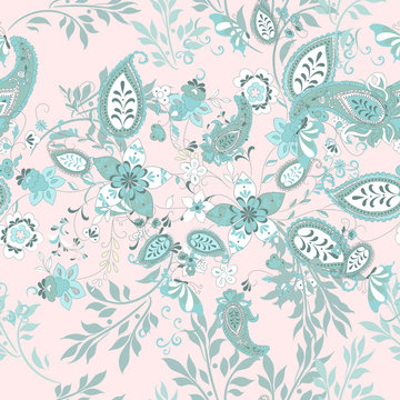 Floral seamless pattern with blue ethnic ornament and florals