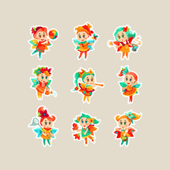 Set of cute Little Fairies, Pixie or Elves Vector illustration for Kids Stickers