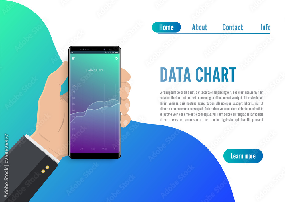 Poster market trend analysis on smartphone with line chart and graphs. hand holds phone. data chart concept