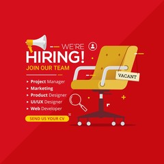 We're hiring with office chair and a sign vacant. Business recruiting design concept. Vector illustration