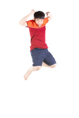 Asian funny child boy jumping on white background.