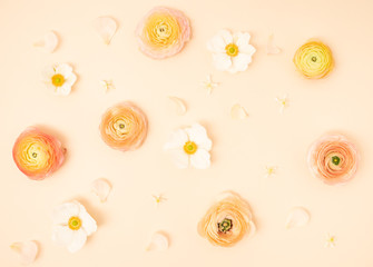 Blush and yellow ranunculus and fall anemone floral flat lay flower background
