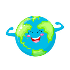 Cute cartoon funny strong globe character. Vector illustration isolated on white background.