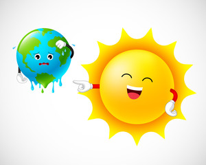 Stop global warming. Globe character with sun. Graphic of a melting earth. Illustration isolated on white background.