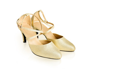 Gold High Heels Shoes Woman for Fashion. Beautiful Luxury High-Heeled Shoe, Side View. A Pair of High Heel in Shining Golden Color with Ankle Strap Isolated over White Background and Clipping Path.