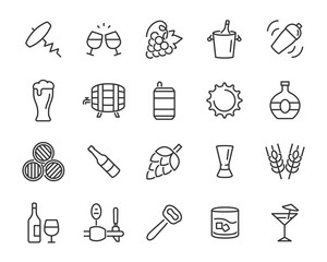 set of alcohol icons, such as wine, champagne, beer, whisky, cocktail, glass