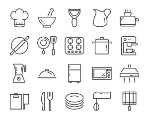 set of kitchen tools icons, such as knife, plate, oven, pan, fork, bowl, mixer