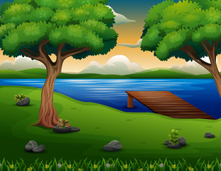 Nature scene with wooden Jetty on the lake background