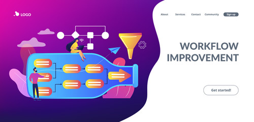 Tiny business people at bottle looking for system least capacity. Bottleneck analysis, bottlenecking control, workflow improvement concept. Website vibrant violet landing web page template.