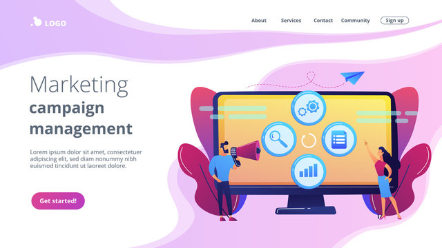 Tiny People Managers Plan And Analyse Campaign. Marketing Campaign Management, Marketing Strategy Execution, Campaign Efficiency Control Concept. Website Vibrant Violet Landing Web Page Template.