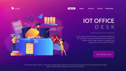 Businessman working at smart desk controlling his heart rate and position change. IOT office desk, health tracking, working activity place concept. Website vibrant violet landing web page template.