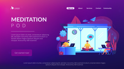 Business people working at laptops in office with meditation and relax area. Office meditation room, meditation pod, office relaxing place concept. Website vibrant violet landing web page template.
