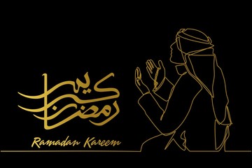 continuous line drawing with Ramadan Kareem background with a man praying. Ramadan mubarak greeting card, an invitation to the Muslim community. Vector illustration in single line style