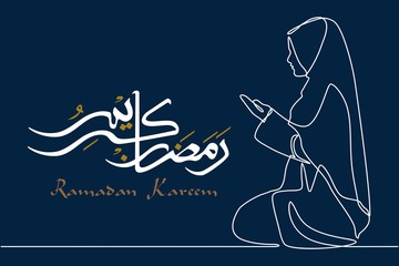 continuous line drawing with Ramadan Kareem background with a woman praying. Ramadan mubarak greeting card, an invitation to the Muslim community. Vector illustration in single line style