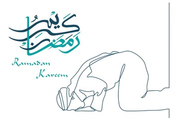 continuous line drawing with Ramadan Kareem background with a man prostrating. Ramadan mubarak greeting card, an invitation to the Muslim community. Vector illustration in single line style