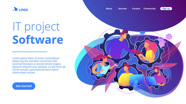 IT team members working as one mechanizm. Dedicated team - software development professionals engaged to the IT project. Business model in IT concept. Violet palette. Website landing web page template