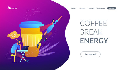 A man sitting tired at the desk and another flying full of energy after cup of coffee. Coffee break, low energy, tiredness, energizing concept, violet palette. Website landing web page template.