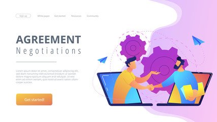 Businessmen shaking hands through laptop screens as online business, conference, meeting, network, deal, negotiations, agreement concept, violet palette. Website landing web page template.