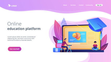 Students using e-learning platform video on laptop and graduation cap. Online education platform, e-learning platform, online teaching concept. Website vibrant violet landing web page template.