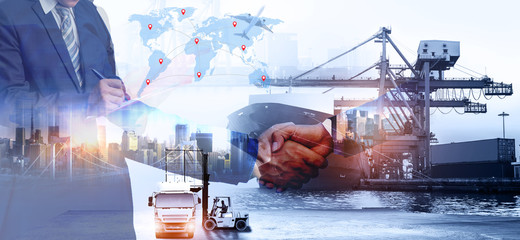 Business people shaking hands, success business of Logistics Industrial Container Cargo freight...