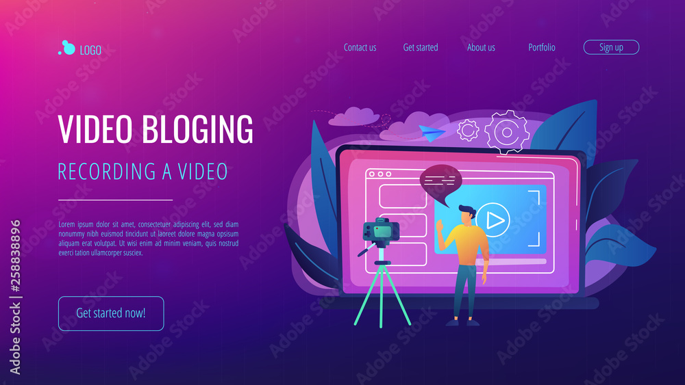 Poster a man in front of camera recording a video to share it in internet. vloger shares a bradcast in blog