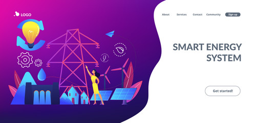 Scientist with sustainable development ideas solar panels, hydropower, wind. Sustainable energy, future-oriented energy, smart energy system concept. Website vibrant violet landing web page template.