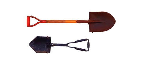 Two rusty hoe, mattock, spade or shovel   isolated on white background - Object, Decoration, Tool and Equipment for Agriculture and Construction concept 