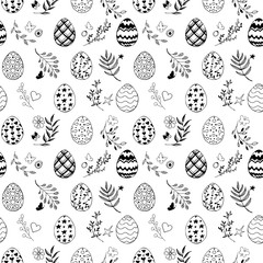 Seamless easter pattern with ornamental black hand drawn eggs, leaves, butterflies on white background. Easter holiday background. Vector illustration.