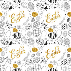 Seamless easter pattern with gold glitter lettering Easter, ornamental black hand drawn eggs, leaves, butterflies on white background. Easter holiday background. Vector illustration.