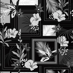 Monotone black and white tropical seamless pattern silk scarf with modern frame exotic forest. Design for fashion ,fabric ,wallpaper, web and all prints