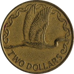 Two Dollars New Zealand Coins. The bird featured on the aluminium-bronze $2 NZD piece is a white...