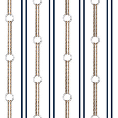Fototapeta na wymiar Seamless vector pattern background with hand drawn chain, and summer nautical rope in vertical stripe design for fashion,fabric,wallpaper,web and all prints