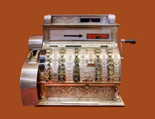 Old-time cash register, isolated on background. Vintage cash register.