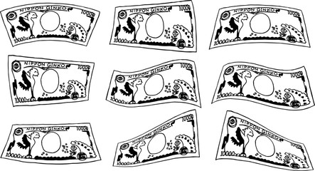 Deformed Back side of Cute hand-painted Japanese 10000 yen note outline set