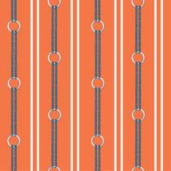 Fototapeta na wymiar Vivid orange Seamless vector pattern background with hand drawn chain, and summer nautical rope in vertical stripe
