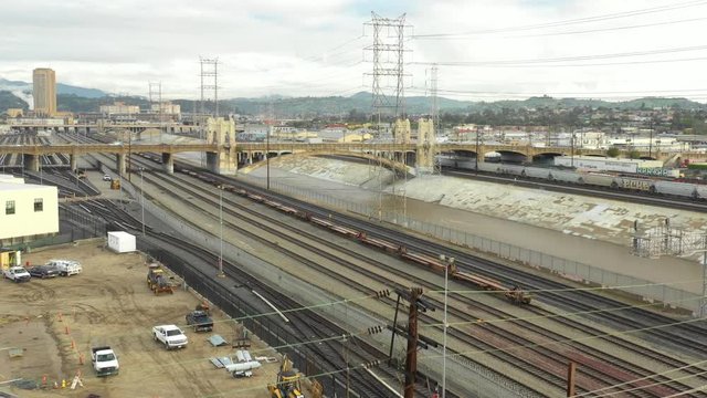 Aerial video train tracks and LA River