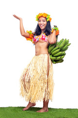 Hawaii Hula Dancer carries bunch of green bananas, isolated on white background. Ethnic women hold fresh tropical fruits.
