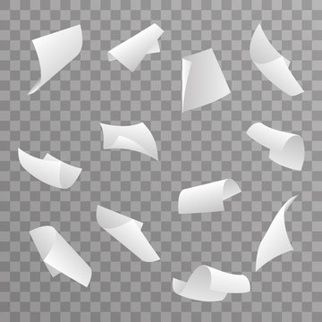 Blank paper sheet 3d curl flying set transparent background vector illustration